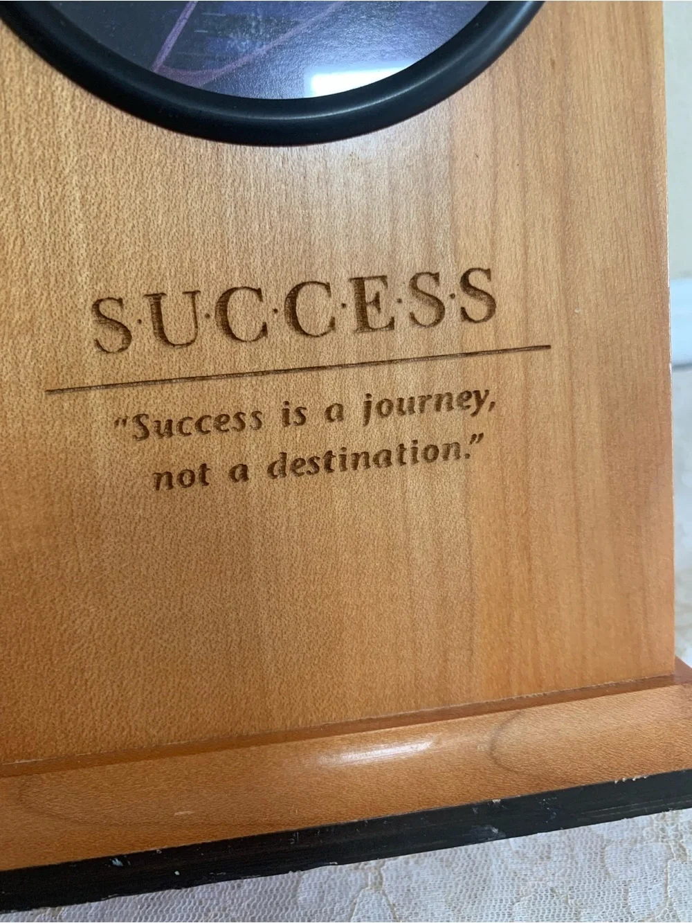 SUCCESS Wooden Desk Clock with Purple Scenic Face